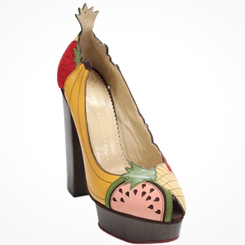 Charlotte Olympia Banana Platform Heels Size 8 Multicolor Fruit